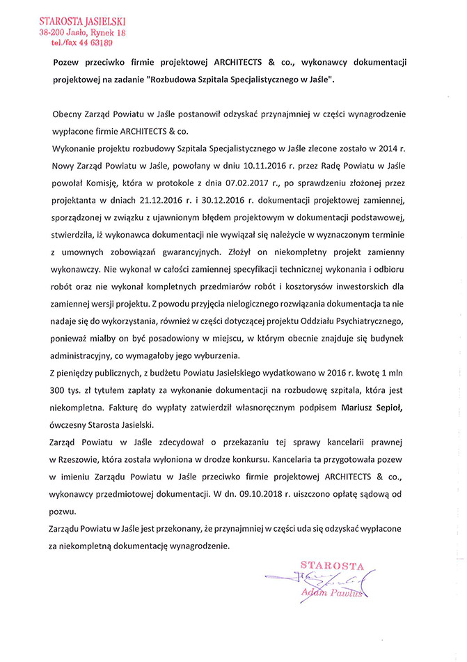Oświadczenie Zarządu Powiatu Jasielskiego