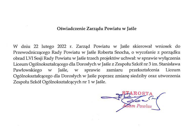 Oświadczenie Zarządu Powiatu w Jaśle