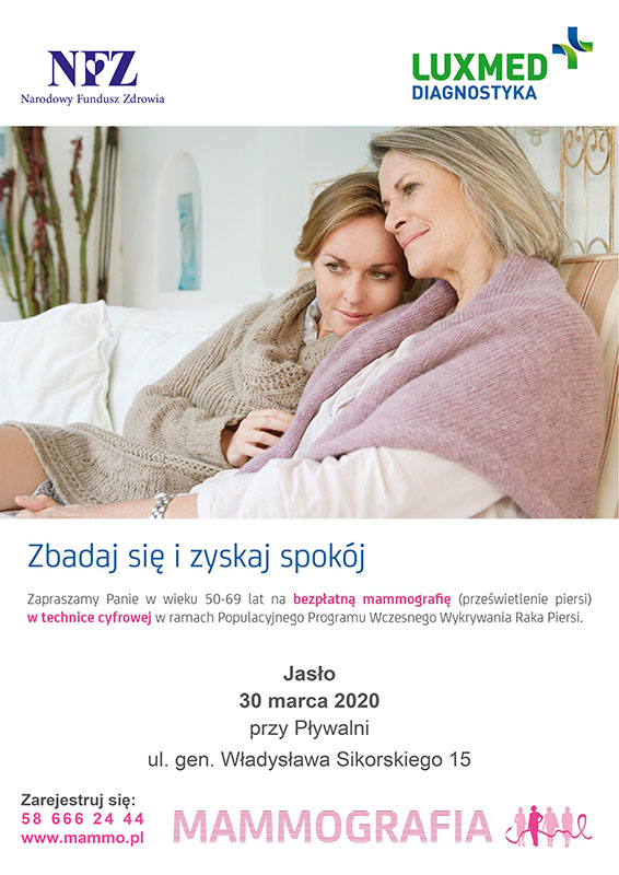 30 marca przy krytej pływalni w Jaśle panie w wieku 50-69 lat będą mogły skorzystać z bezpłatnych badań mammograficznych