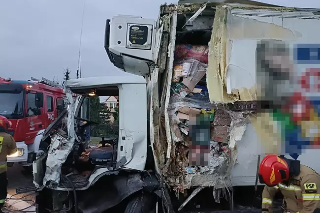Zderzenie dwóch ciężarówek w Trzcinicy